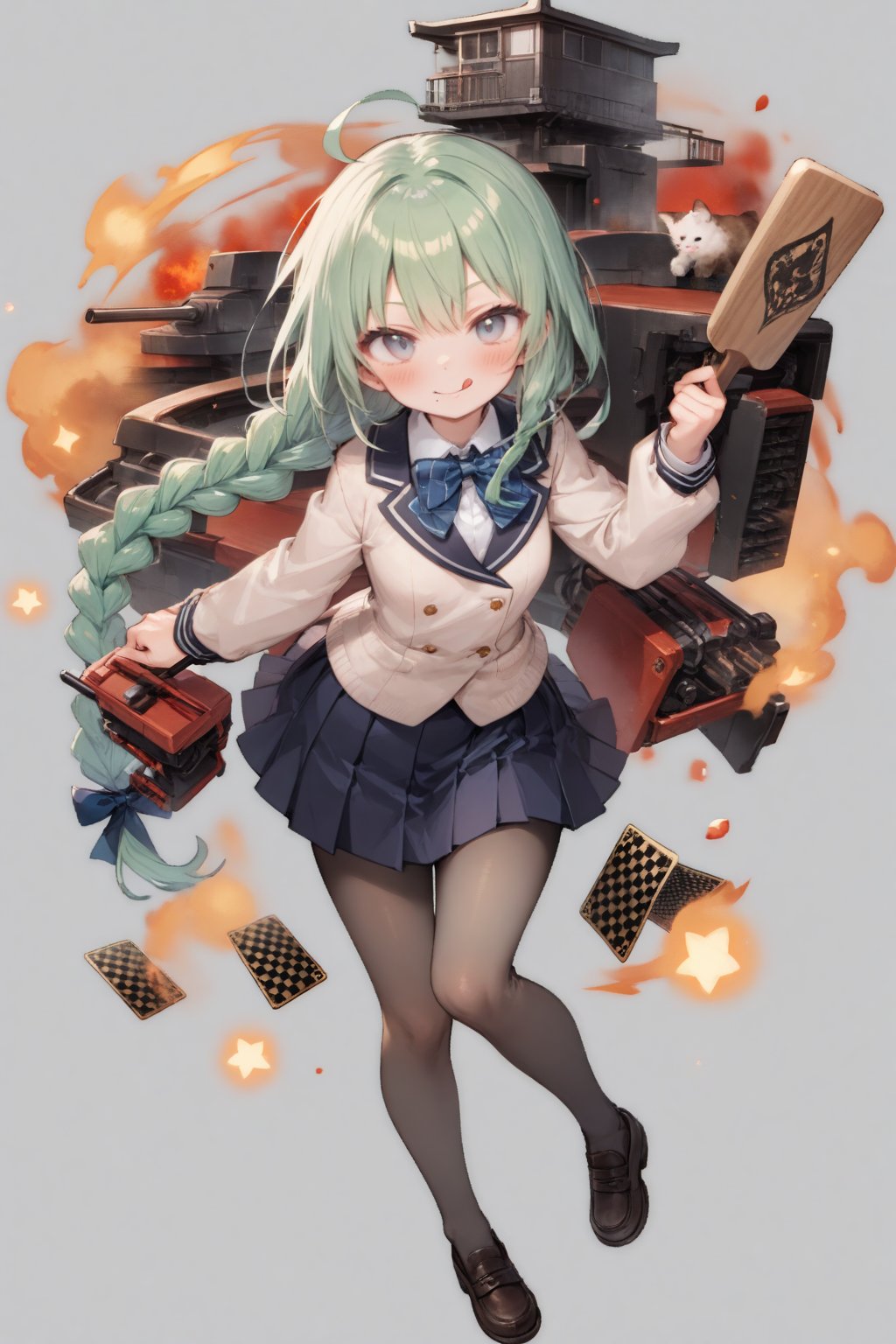 1girl, :q, ahoge, blue bow, blue eyes, blush, bow, bowtie, braid, card, full body, green hair, grey pantyhose, hagoita, long hair, long sleeves, looking at viewer, machinery, mole, mole under mouth, new year, over shoulder, paddle, pantyhose, school uniform, shoelaces, single braid, smile, solo, tongue, tongue out, transparent background, very long hair