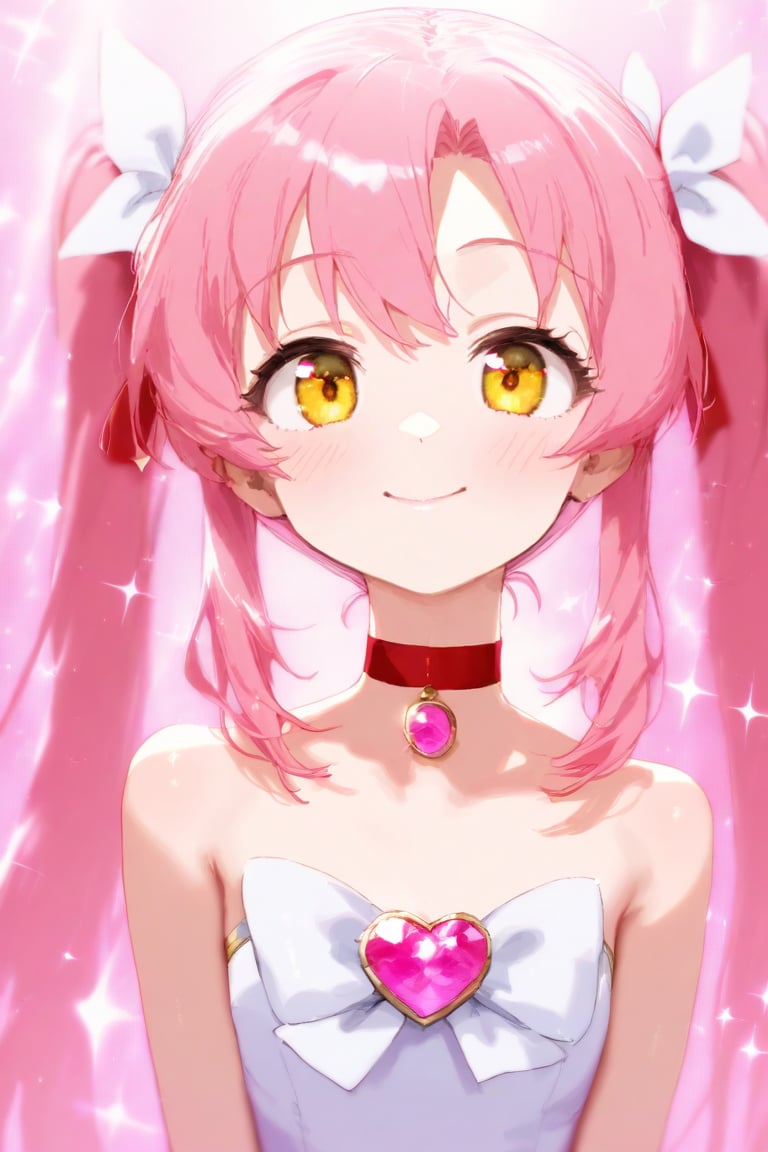 1girl, blush, bow, chest jewel, choker, closed mouth, fusion, hair bow, half-closed eyes, long hair, looking at viewer, magical girl, pink eyes, pink gemstone, pink hair, red choker, smile, solo, sparkle, twintails, upper body, white bow, white choker, yellow eyes
