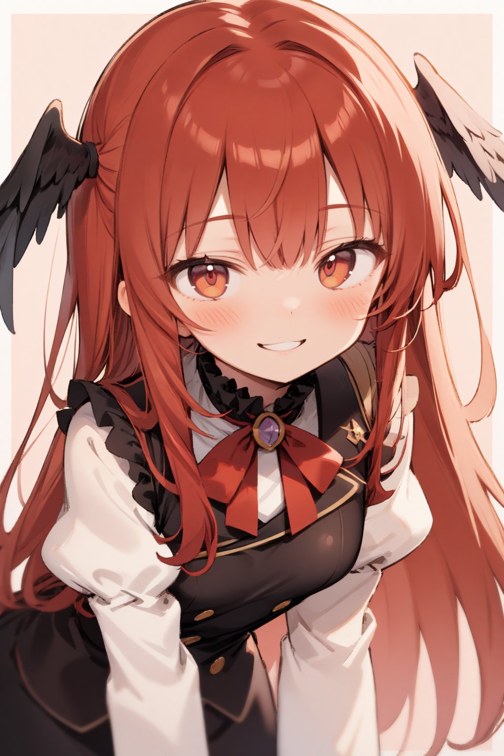 1girl, blush, head wings, juliet sleeves, leaning forward, long hair, long sleeves, looking at viewer, puffy sleeves, red eyes, red hair, simple background, smile, solo, two-tone background, upper body, vest, wings