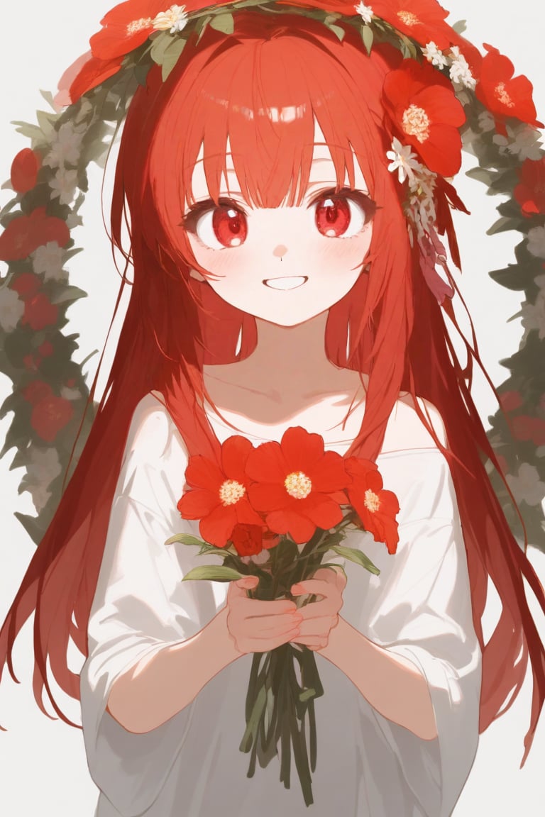 1girl, flower, hair flower, hair ornament, long hair, looking at viewer, red eyes, red hair, simple background, smile, solo, straight hair, wreath
