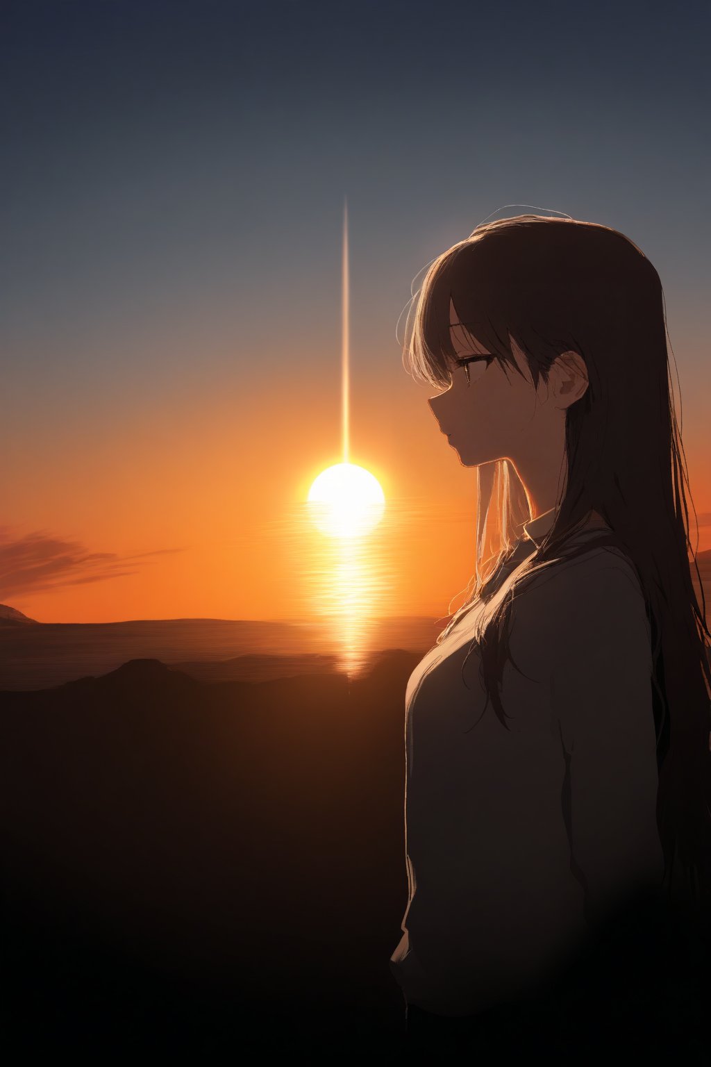 1girl, long hair, profile, sky, solo, sunset