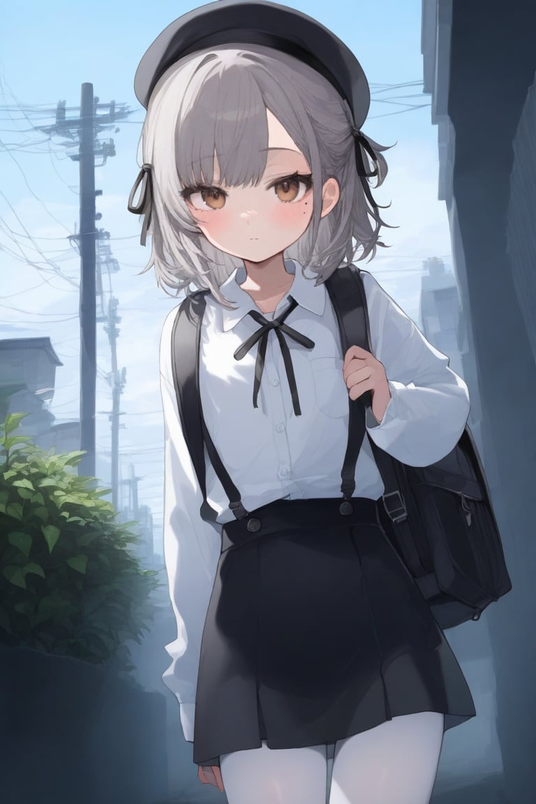 1girl, alley, arm at side, backpack, bag, beret, black headwear, black ribbon, black skirt, brown eyes, building, city, collared shirt, dress shirt, expressionless, grey hair, hair ribbon, hat, holding strap, lamppost, long sleeves, looking at viewer, medium hair, mole, mole under eye, outdoors, overcast, pantyhose, plant, potted plant, power lines, ribbon, shirt, shirt tucked in, single hair ring, skirt, sky, solo, standing, straight-on, street gutter, suspender skirt, suspenders, urban, utility pole, virtual youtuber, white pantyhose, white shirt
