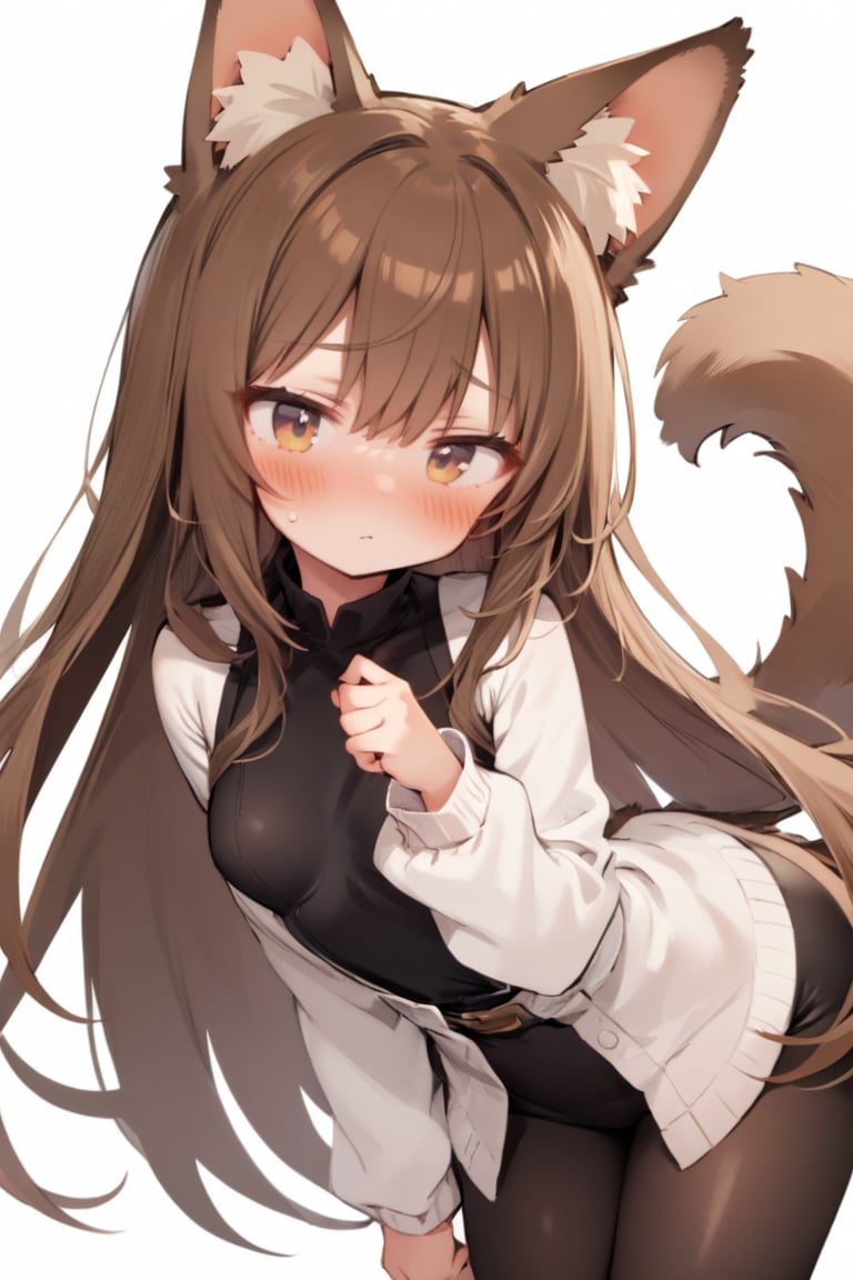 1girl, animal ears, blush, brown hair, long hair, simple background, solo, tail, very long hair, very long tail, white background