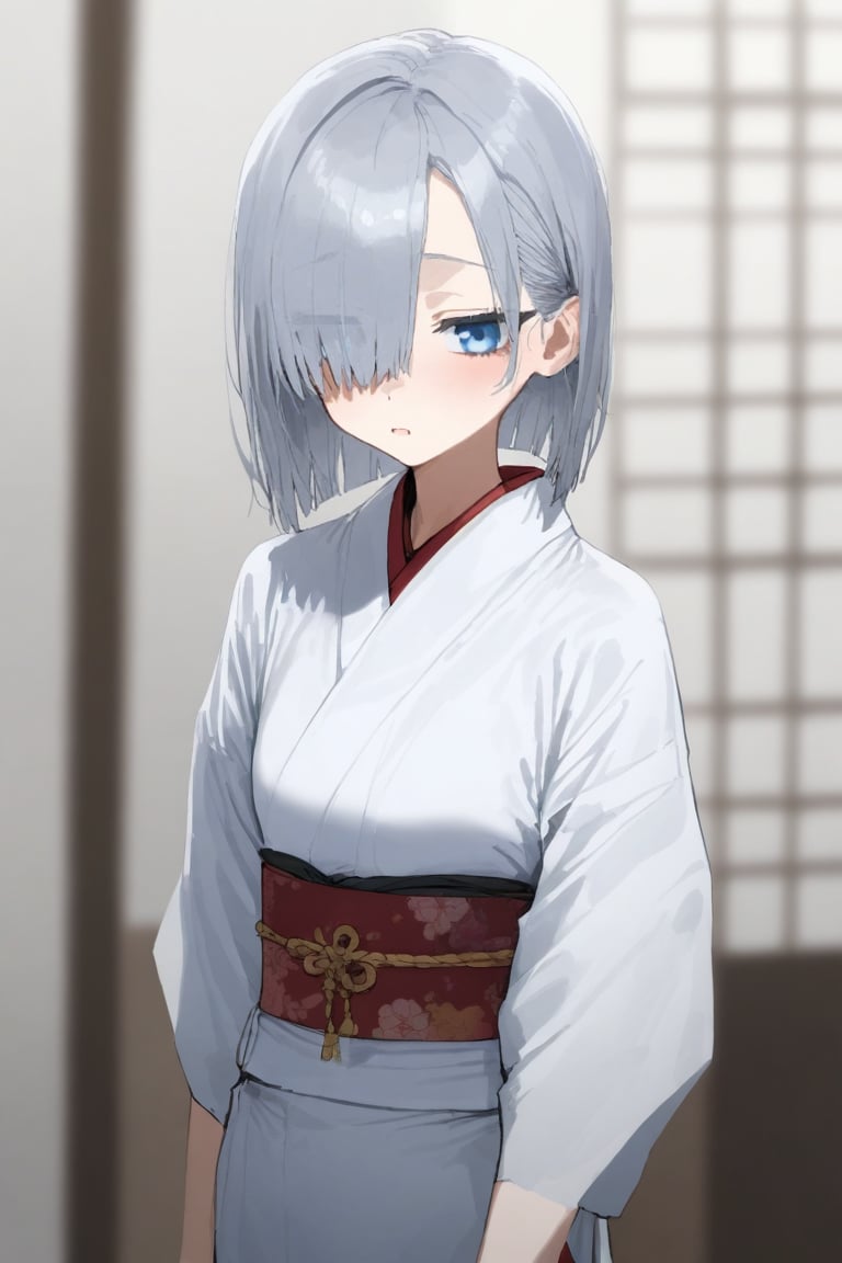 1girl, alternate costume, blue eyes, grey hair, hair over one eye, japanese clothes, miko, pun, short hair, solo