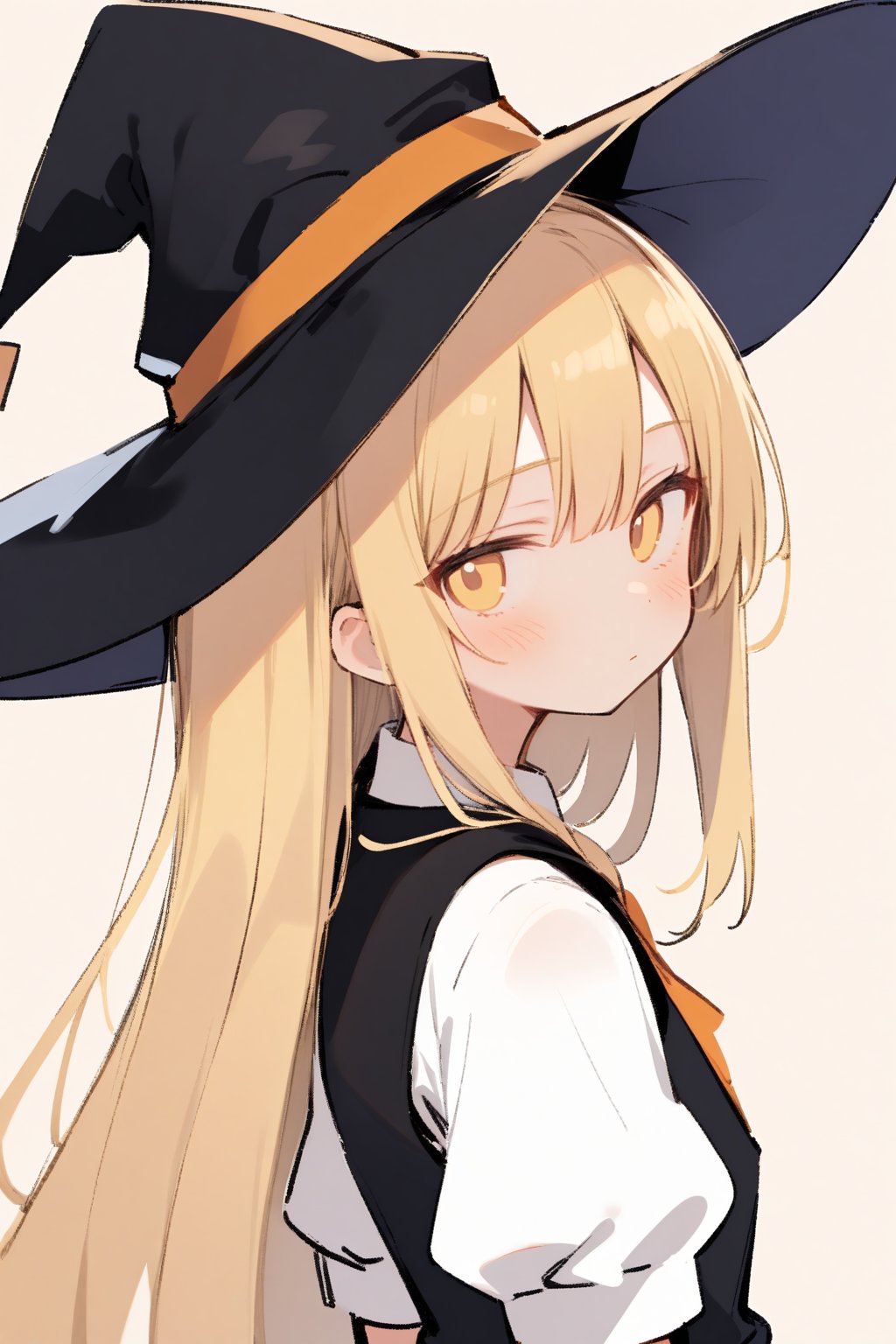 1girl, blonde hair, blush, expressionless, hat, hat ribbon, leaning back, long hair, looking at viewer, puffy short sleeves, puffy sleeves, ribbon, short sleeves, simple background, sketch, solo, two-tone background, upper body, vest, witch hat, yellow eyes