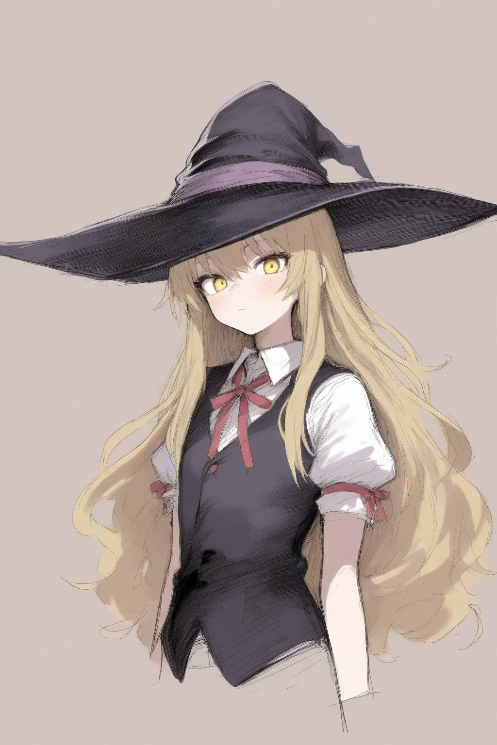 1girl, blonde hair, blush, expressionless, hat, hat ribbon, leaning back, long hair, looking at viewer, puffy short sleeves, puffy sleeves, ribbon, short sleeves, simple background, sketch, solo, two-tone background, upper body, vest, witch hat, yellow eyes