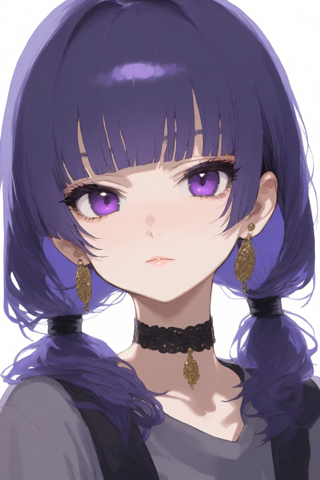 1girl, black choker, blunt bangs, choker, diagonal bangs, earrings, jewelry, looking at viewer, portrait, purple eyes, purple hair, shirt, short twintails, simple background, solo, stud earrings, tsurime, twintails, white background, 