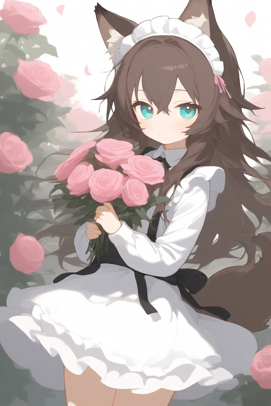 1girl,  animal ears, apron, aqua eyes, black apron, brown hair, dress, flower, holding, holding flower, long hair, long sleeves, looking at viewer, maid, maid apron, maid headdress, pink flower, pink rose, rose, tail, white dress, wolf ears, wolf girl, wolf tail,