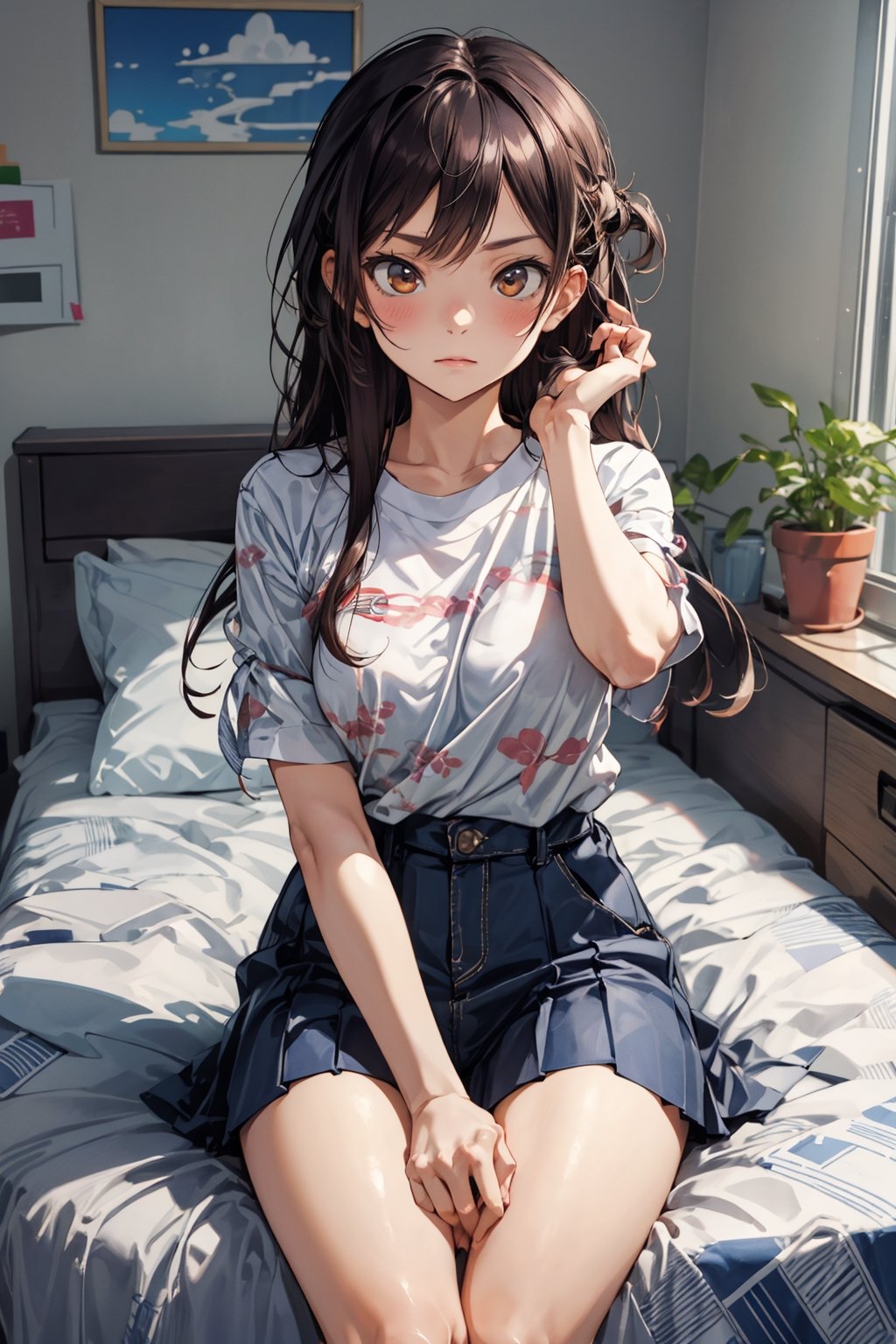 absurdres, highres, ultra detailed,(1girl), BREAK ,(looking at the viewer, sitting on bed, inside dorm room (the dorm room is clean)), 1girl, solo, chizuru mizuhara, [serious, expectant expression, cool looking], [small breasts], (stylish clothing),chi1