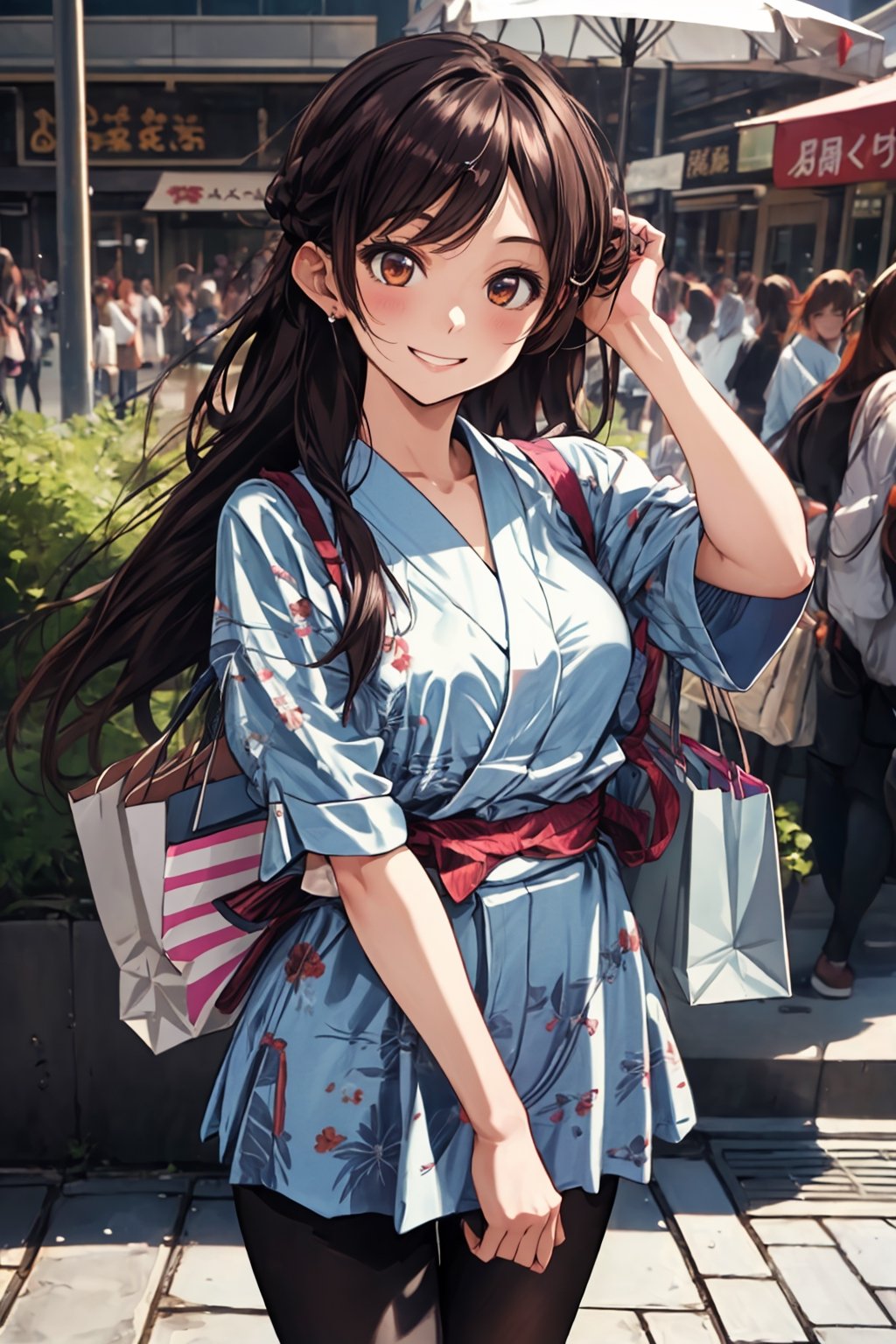 absurdres, highres, ultra detailed,(1girl), BREAK ,(looking at the viewer, 1girl, solo, chizuru mizuhara, [shopping, pushes her hair behind her ear],[slight smile, happy, cool looking], [small breasts], (stylish clothing),chi1, long hair