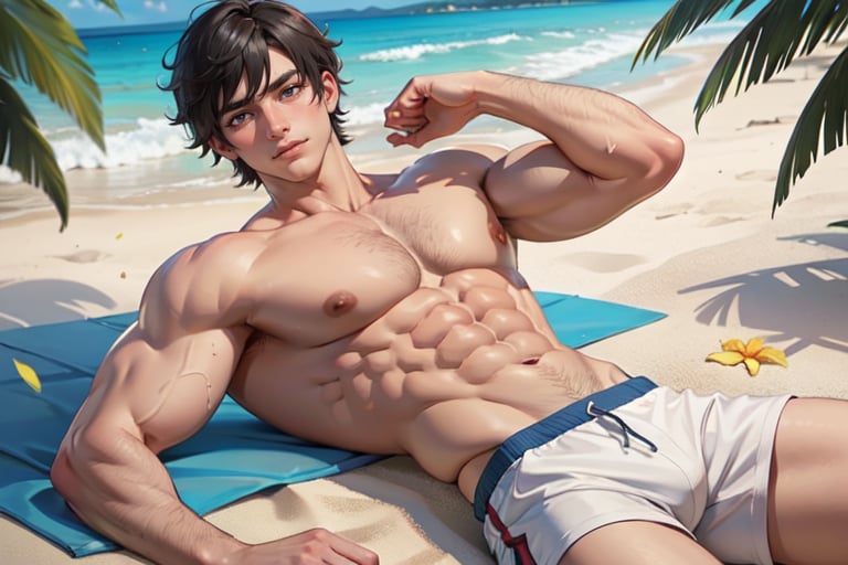 masterpiece,(bestquality:1.3),bestillustration,extremely detailed 8K wallpaper,genshin_impact, young man, muscular, clear abs, no top_wear, short hair,beach, tropical flowers