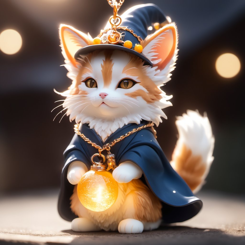 a cat, ((wizard outfit)), epic scene, dynamic camera, backlight, (close up:1.2), high quality photography, 3 point lighting, flash with softbox, 4k, Canon EOS R3, hdr, smooth, sharp focus, high resolution, award winning photo, 80mm, f2.8, bokeh,Spirit Fox Pendant