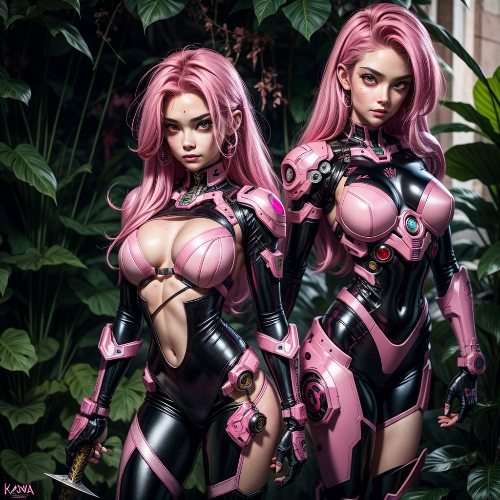  , full body of cyborg lady,  girl ,  mechanical parts,  pink  shirt, unbottoned, black latex. A      kathana sword      in  one  hand .   natural hands ,  , perfect hand ,  ,   red eyes,  ,  pink  hair,  outside    jungle    background.  