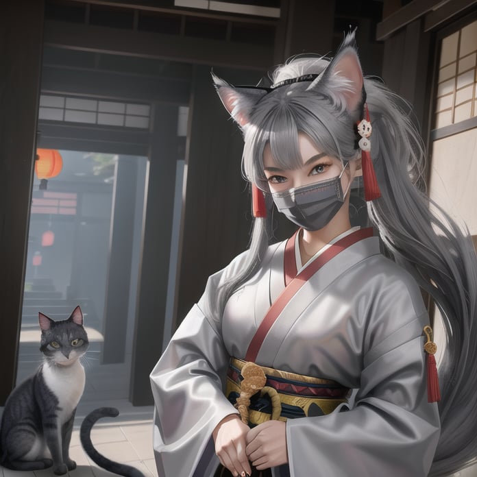 Create a colorful digital glamour portrait by Greg Rutkowski of a grey cat dressed in a ninja uniform and a white porcelain full face Kitsune mask, he carry a long katana, showing off his beautiful katana, he is making her way through the hallways of an Edo Era caste 