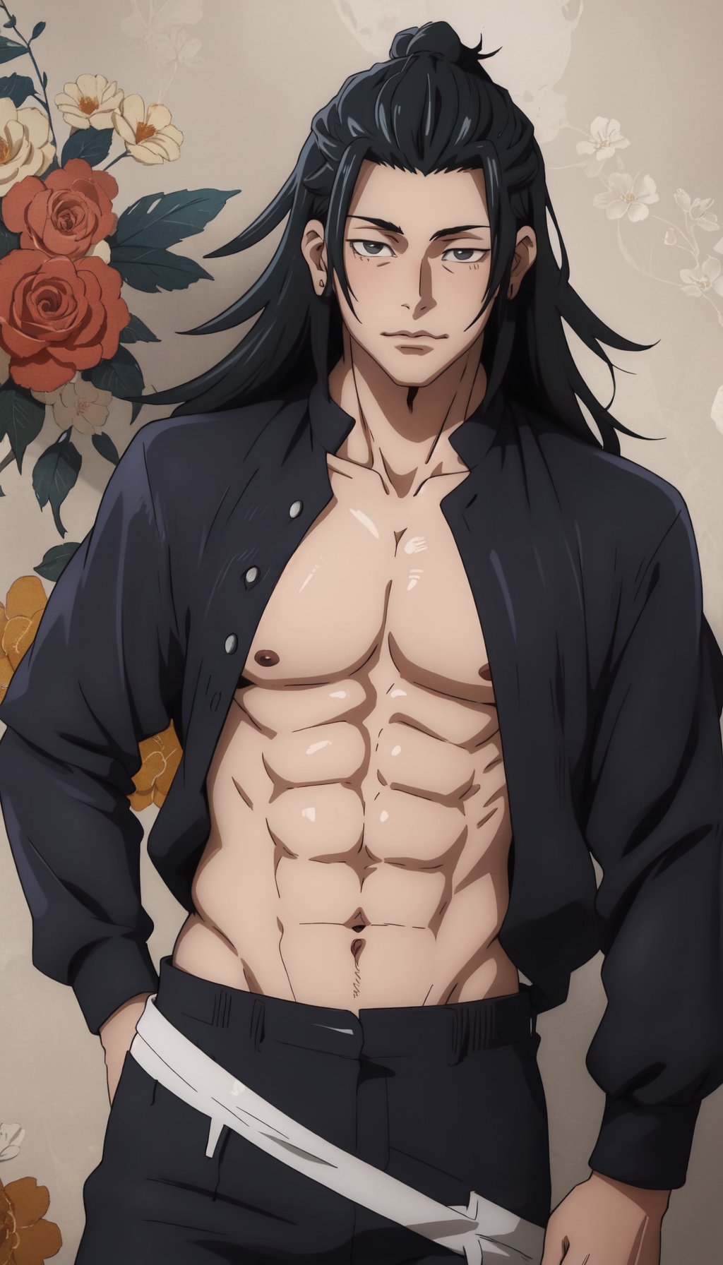 masterpiece, best illustration, detailed 8K,male focus, masterpiece, (best quality:1.3),best illustration,extremely detailed 8K wallpaper,1boy, anime style, Best Quality,getou,black hair, open chest