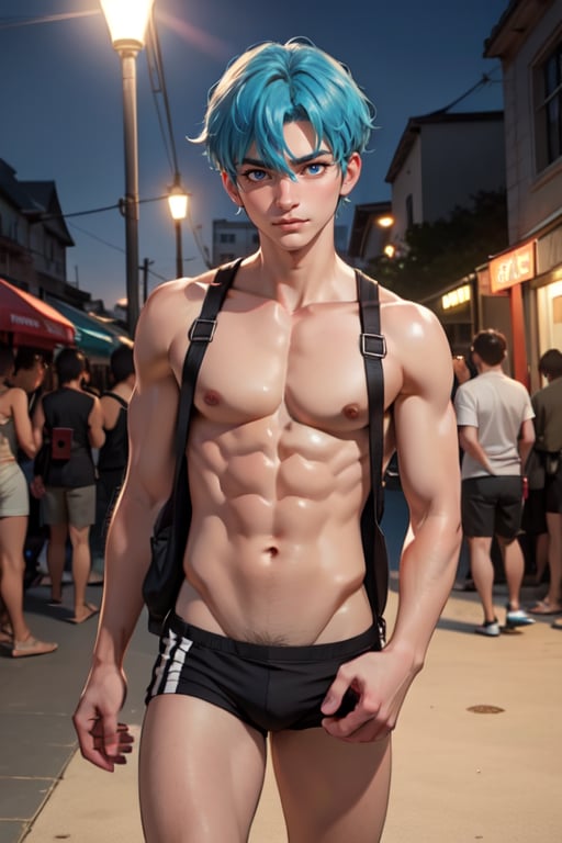 1boy, bts, hair between the eyes, Anime, twink, sexy pose, theater lighting, people watching around, reflectors illuminating,with clothes,random clothes, beach