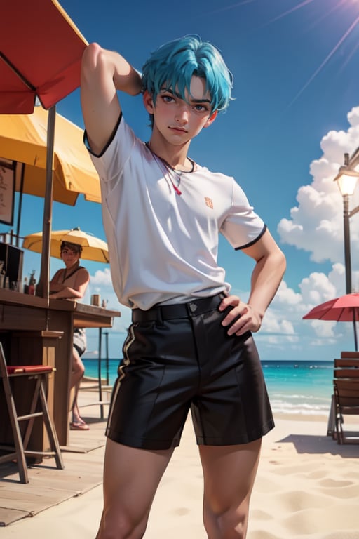 1boy, bts, hair between the eyes, Anime, twink, sexy pose, theater lighting, people watching around, reflectors illuminating,with clothes,random clothes, beach