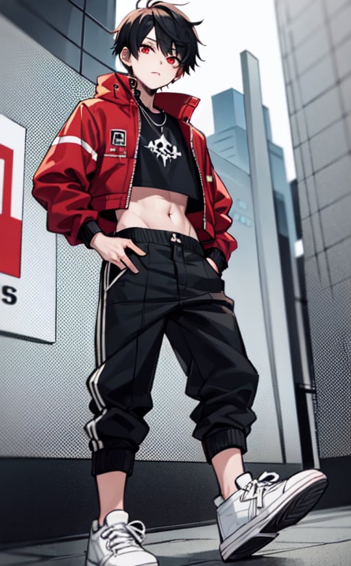young boy, short hair, black, red eyes, crop top, baggy pants, sneakers, red jacket, male, sole_male, gothic net below