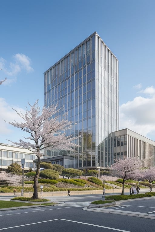 noon SKY, surrounding cherry trees, japanese gardens, business complex. near the airport, ((architecture by bratke collet)), 