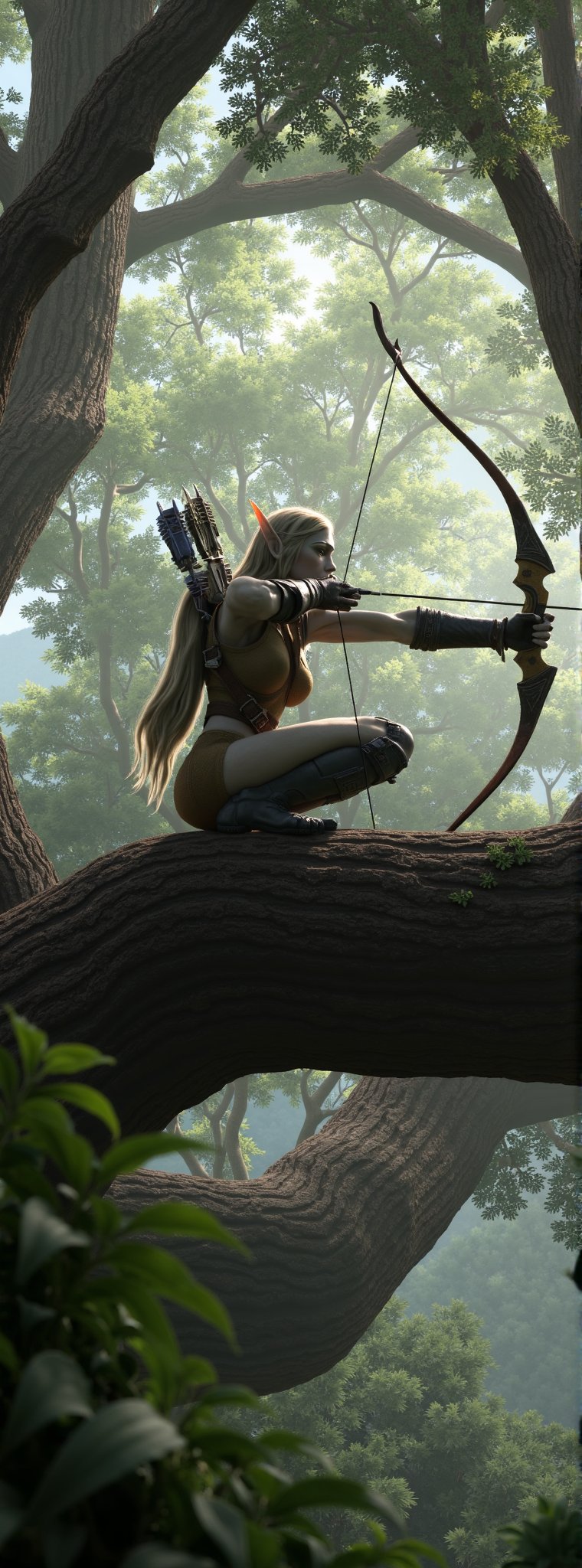 Elven Ranger's Stealthy Vigilance: A treetop perch, branches slender and strong, cradles a female elven ranger in mid-strike. She crouches low, bow drawn tight, arrow poised at the human poachers' unsuspecting backs. The forest canopy above shrouds her in dappled shadows, while the underbrush below remains still, awaiting the silent discharge of her deadly aim. (wrcrftcnmtc, Fantasy detailers, cinematic)