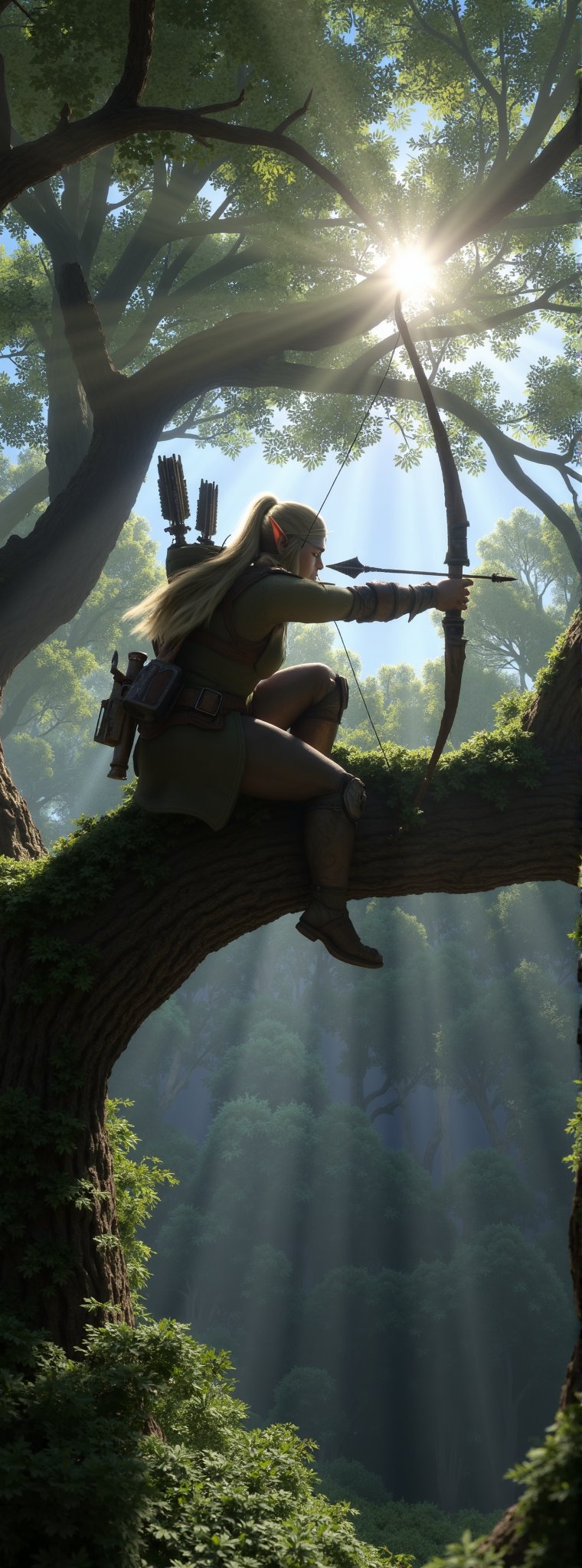 Elven Ranger's Stealthy Vigilance: A treetop perch, branches slender and strong, cradles a female elven ranger in mid-strike. She crouches low, bow drawn tight, arrow poised at the human poachers' unsuspecting backs. The forest canopy above shrouds her in dappled shadows, while the underbrush below remains still, awaiting the silent discharge of her deadly aim. (wrcrftcnmtc, Fantasy detailers, cinematic)