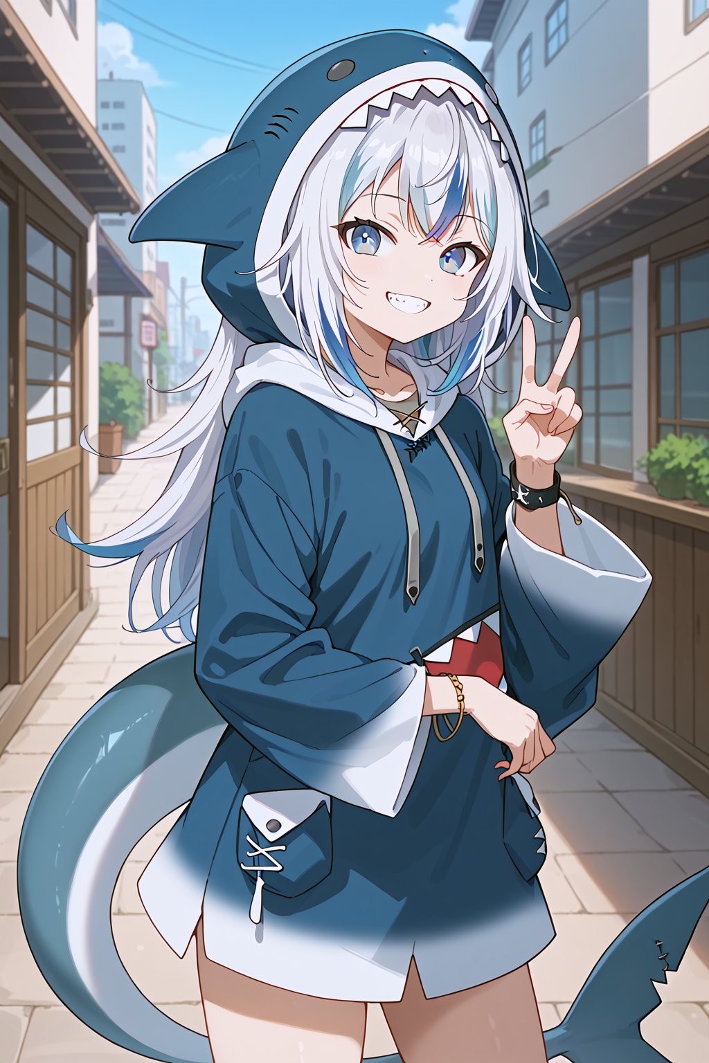 Score_9, score_8_up, score_7_up, source_anime, ggdef, shark girl, blue eyes, blue hair, white hair, multicolored hair, shark tail, long hair, blue hoodie, hood, long sleeves, wide sleeves, sleeves above wrist, drawstring, shark costume, peace sign, cowboy shot, smile, happy, looking at viewer, <lora:alisa-mikhailovna-kujou-alpha-pony,alisa-mikhailovna-kujou,ahoge