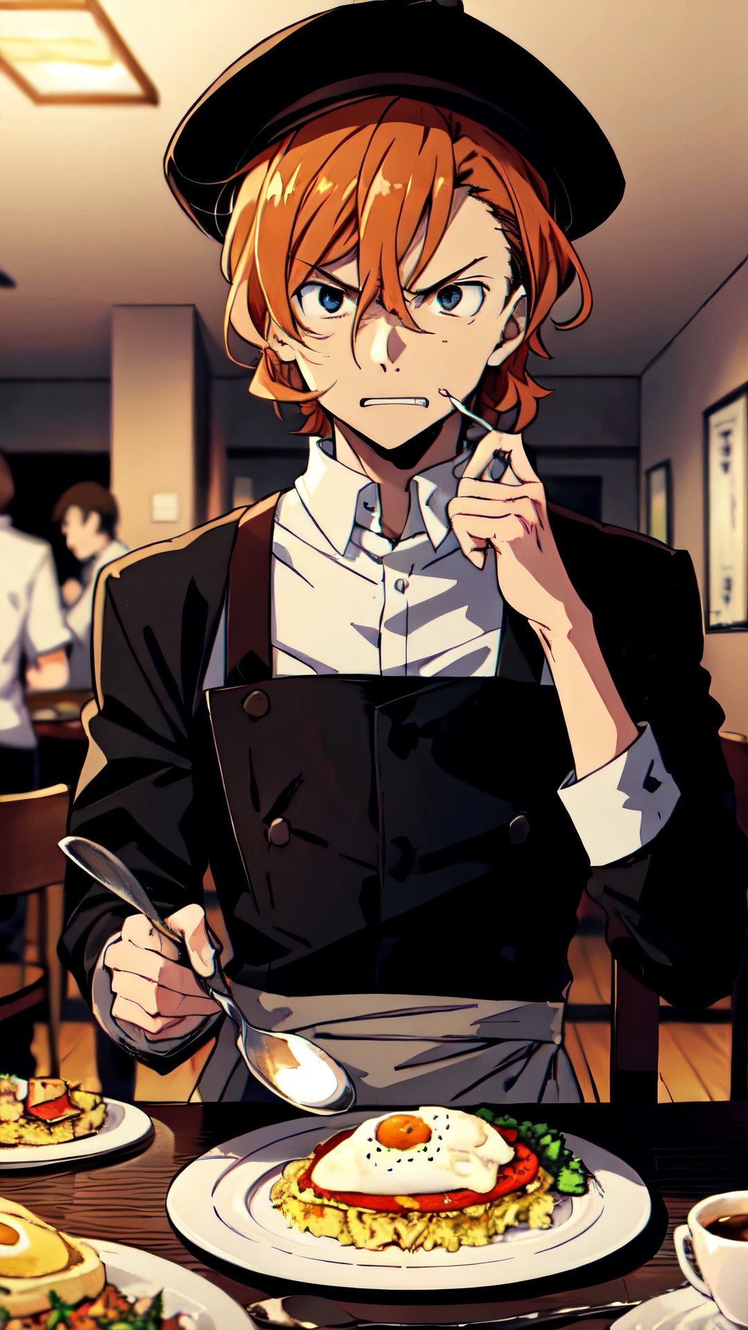 (Masterpiece, best quality: 1.2), upper body, solo, male focus, 1boy, angry expression, maid outfit, cafe, table, hand to heart, Nakahara Chuuya, black hat, looking at the audience, omelette rice on the table , holding a spoon in hand, feeding the audience, facial twitching, exaggerated expression, showing teeth