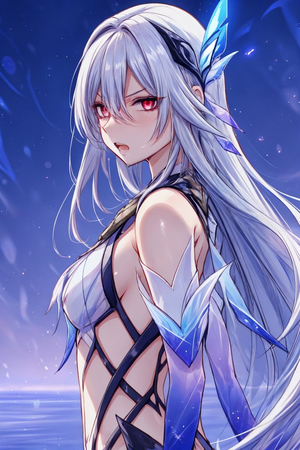 masterpiece, best quality, high resolution, super detailed, detailed background, 1girl, skier, night, meteor trails, long hair, perfect hands, looking at viewer, solo, seaside, hair between eyes, upper body ,white hair, teeth, blue background, very angry expression, bangs, hair accessory, bare shoulders, dress, clothing, cowgirl pose, straddle, love symbol, drool, saliva, red eyes,