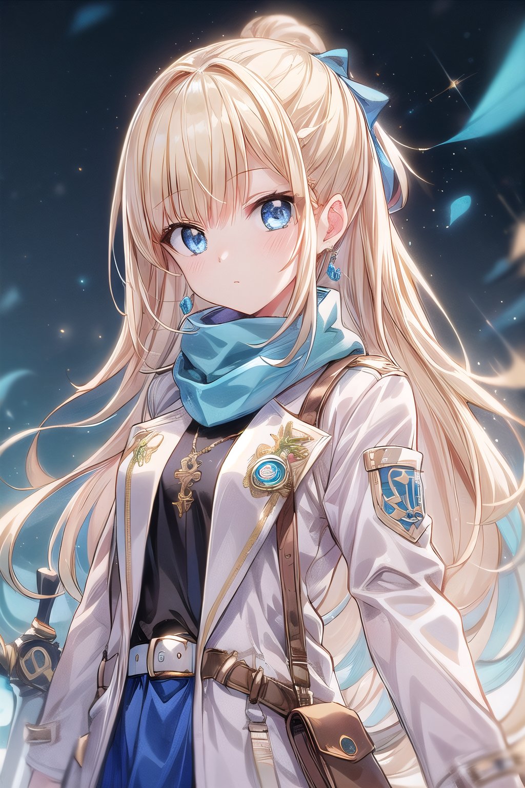 1girl, solo, long hair, looking at viewer, bangs, blue eyes, blond hair, shirt, long sleeves, jewelry, closed mouth, jacket, weapon, earrings, belt, sword, coat, blue scarf, white jacket, grip hand,