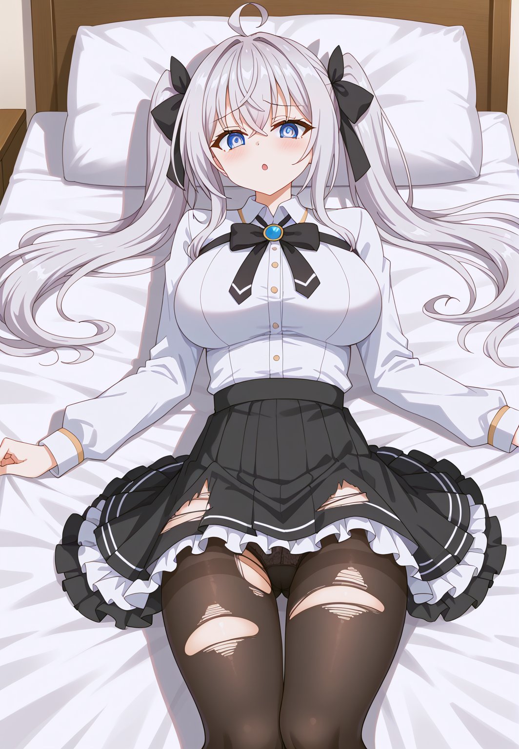 blue eyes, looking at the viewer, twin ponytails, outfit_4, ruffled skirt, black skirt, high-waisted skirt, white shirt, black bow, shoulder cutouts, pantyhose, long sleeves, shadow, torn clothing, erotic Clothes, underwear, bed, big breasts covered, white hair, 1ahoge