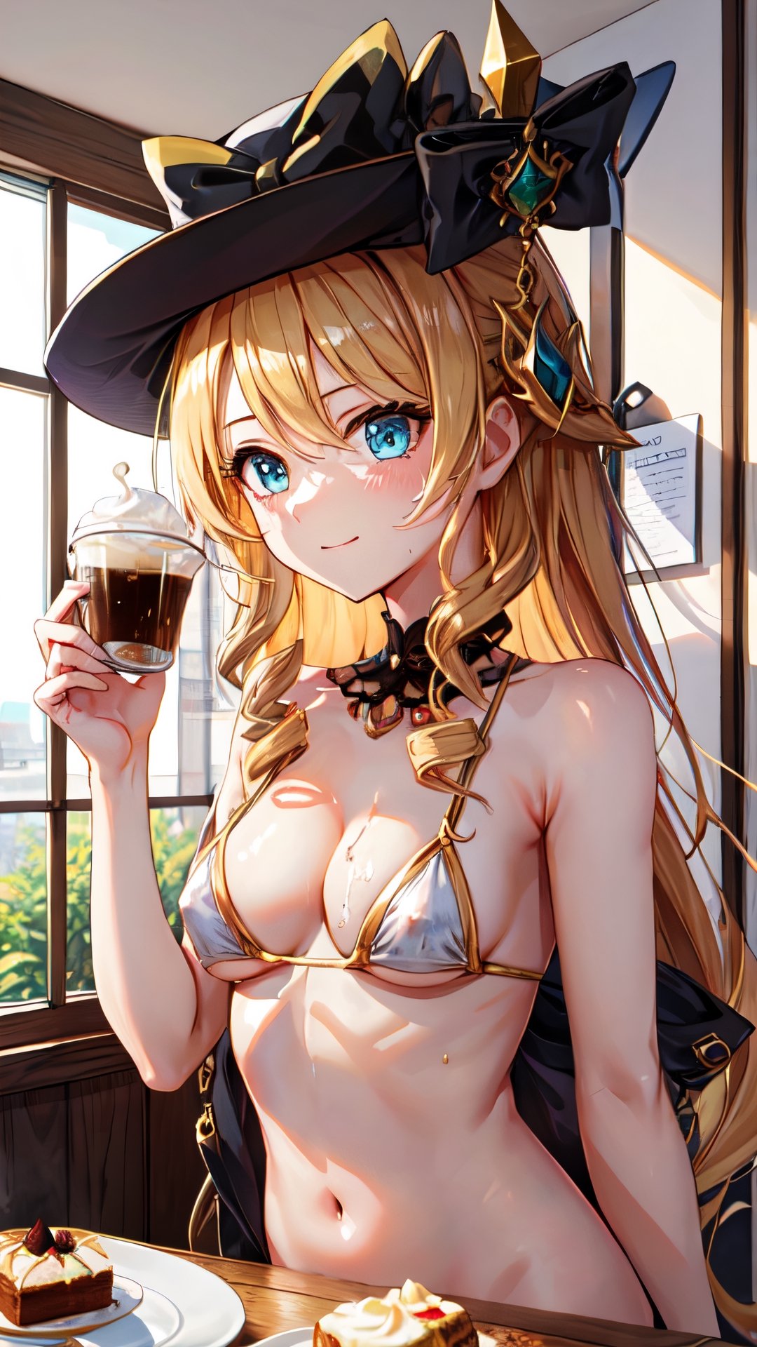 big breasts,look,solo,1girl,upper body,highest quality,café,blonde hair,1 cup of coffee,gold super small bikini,lower body nude,black hat,dessert,coffee liquid slips from cleavage into cup,