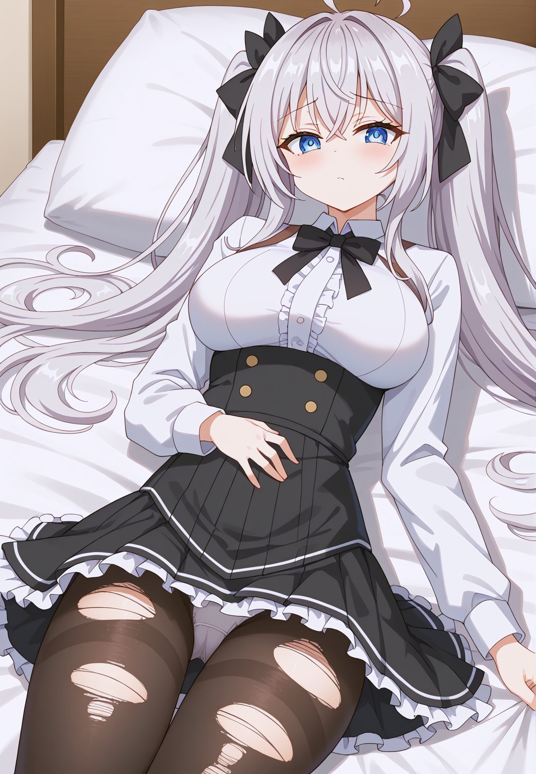 blue eyes, looking at the viewer, twin ponytails, outfit_4, ruffled skirt, black skirt, high-waisted skirt, white shirt, black bow, shoulder cutouts, pantyhose, long sleeves, shadow, torn clothing, erotic Clothes, underwear, bed, big breasts covered, white hair, ahoge