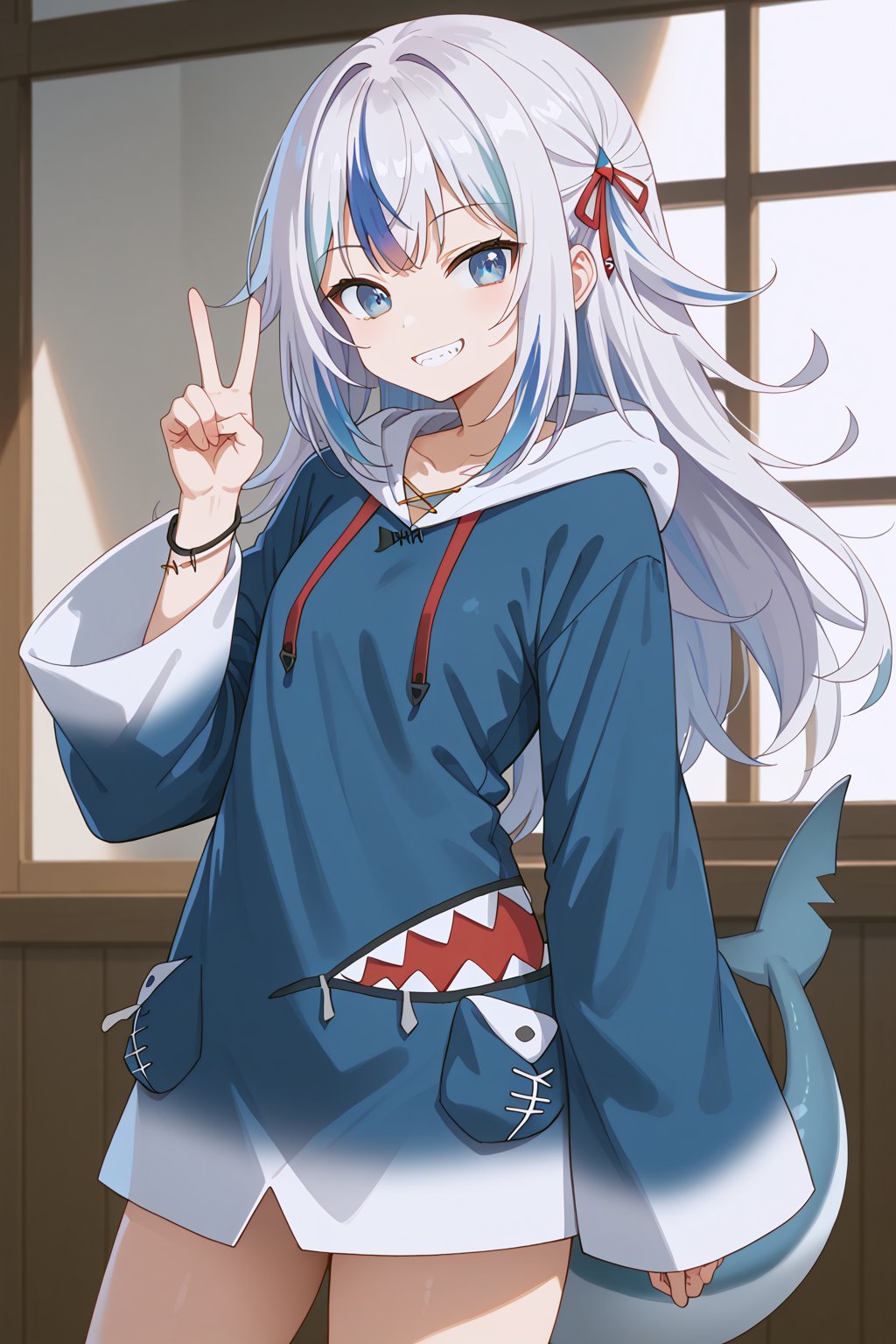 Score_9, score_8_up, score_7_up, source_anime, ggdef, shark girl, blue eyes, blue hair, white hair, multicolored hair, shark tail, long hair, blue hoodie, hood, long sleeves, wide sleeves, sleeves above wrist, Drawstring, shark costume, peace sign, cowboy shot, smile, red ribbon, looking at viewer, <lora:alisa-mikhailovna-kujou-alpha-pony,alisa-mikhailovna-kujou,ahoge