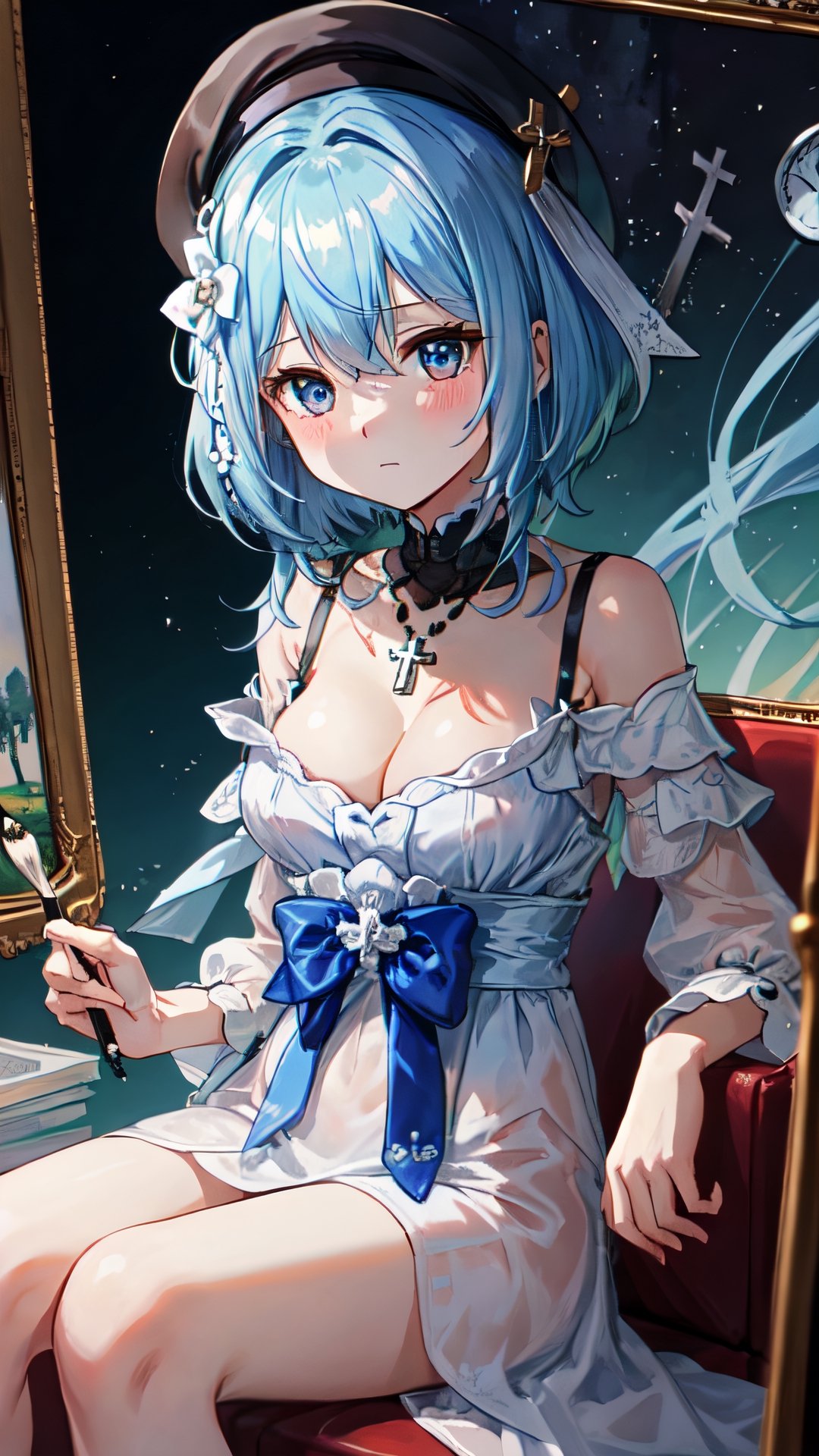 griseo, big breasts, look, solo, 1girl, upper body, big breasts, cleavage exposed, highest quality, sky blue hair, holding paintbrush, white sleeves, black bow headdress on the left, painter hat, dull hair, cross necklace, connected to clothes, waist Hanging, small gears, clock inside, blush, a woman in white clothing sits on a blue sofa, environment with futuristic background and blue light