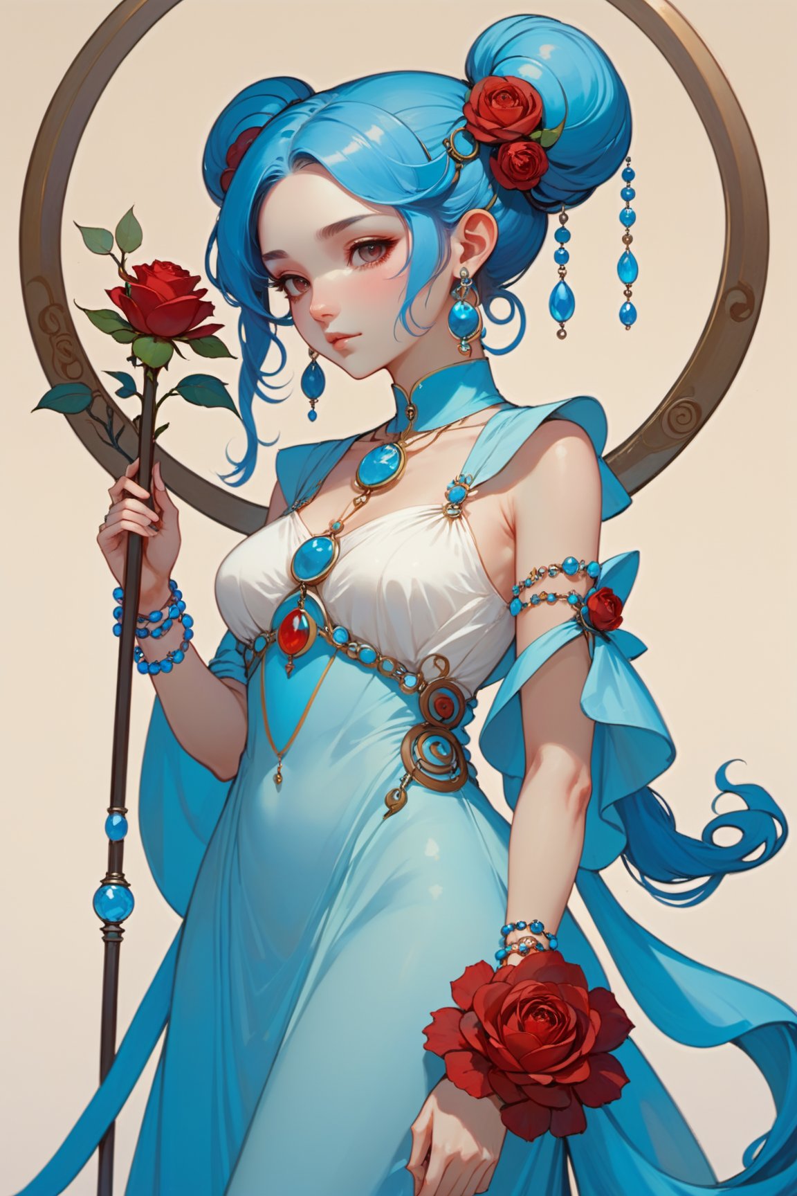 art nouveau,1girl, solo, dust, double bun, skyblue rose \(flower\), jewelry, hair bun, long hair, staff, crescent, skyblue hair, beads, holding, dress, mechanic face, facial mark, gem, white dress, upper body, earrings, bead bracelet, bracelet, crescent facial mark, colored skin, holding staff, red flower