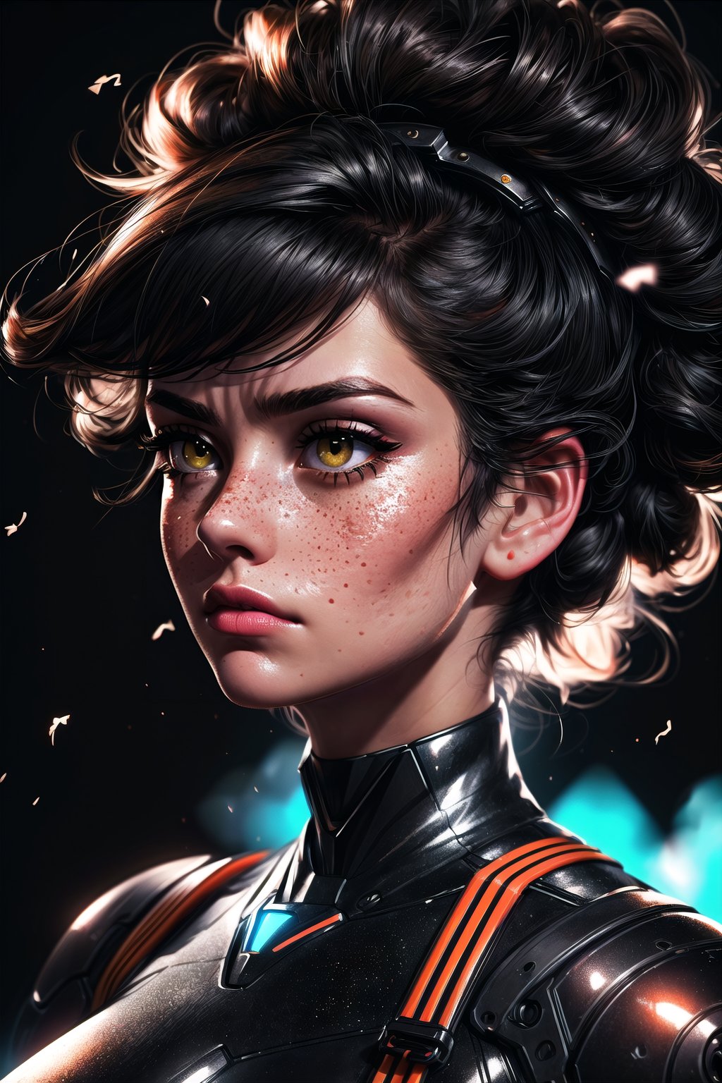 1 girl, full body, realistic, big breasts, sharp, (masterpiece 1.2), (Max quality 1.2), (4K high_resolution), (highly_detailed face), beautiful hazel eyes, (low angle, shot from below), freckles, light shining through hair, futuristic, (light_particles), ((frowning, black hair blowing, standing):1.2), futuristic machines in background, tight_around_the_body futuristic clothes, harness straps, neon, ((highly_detailed_skin):1.5), perfecteyes, SAM YANG