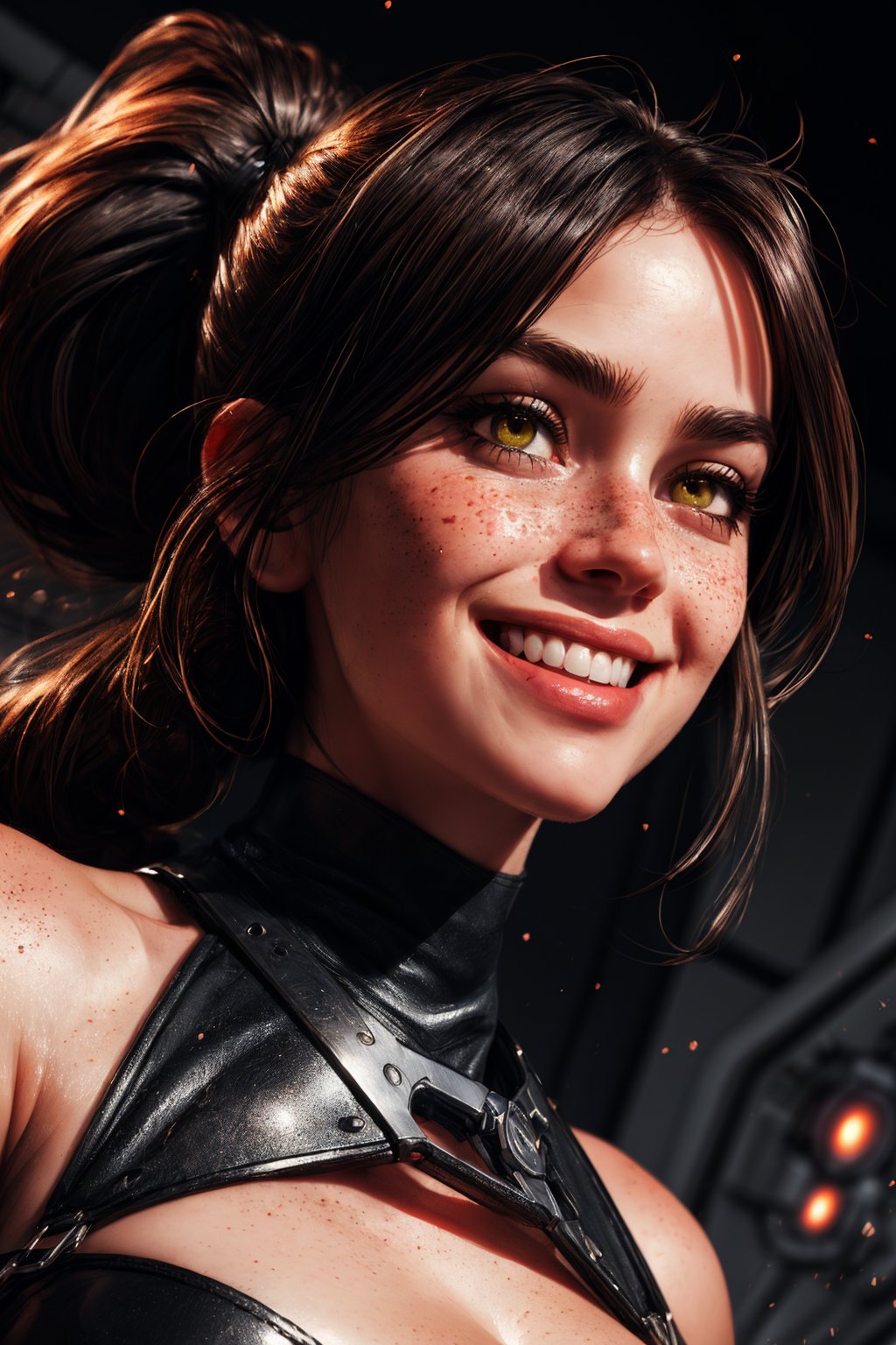 1 girl, realistic, sharp, ponytail, (masterpiece 1.2), (Max quality 1.2), (4K high_resolution), (highly_detailed face), beautiful hazel eyes, ((low angle, shot from below, smug sexy smile dark_hair):1.2), freckles, futuristic, (light_particles), frowning, room with futuristic machines in background, sleeveless tight_around_the_body {red} futuristic clothes, armband, cleavage, harness straps, ((highly_detailed_skin):1.5), perfecteyes, SAM YANG,SAM YANG