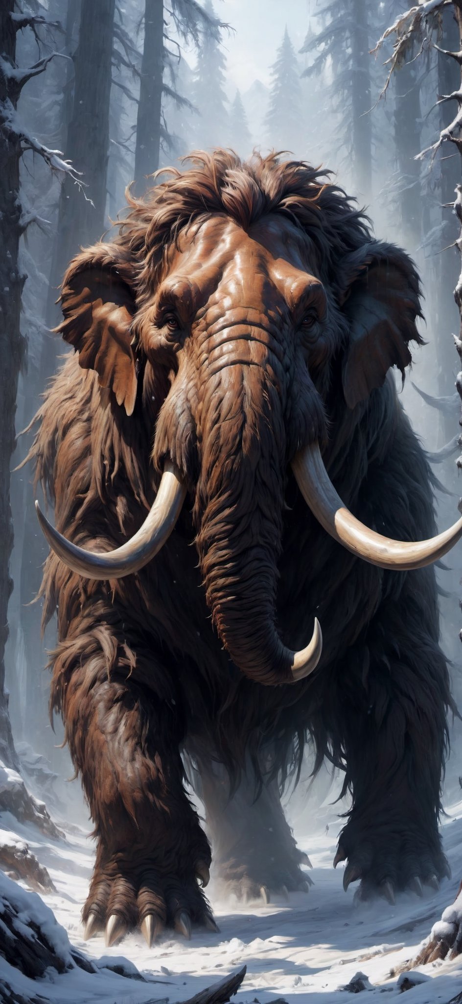 giant wooly mammoth, roaring with rage, (wondering through snowy forest), sprinting, torn flesh, tattered clothes, fantasy magic, undercut hairstyle, dark light night, intricate, elegant, sharp focus, illustration, highly detailed, digital painting, concept art, matte, art by wlop and artgerm and greg rutkowski and alphonse mucha, masterpiece, monster