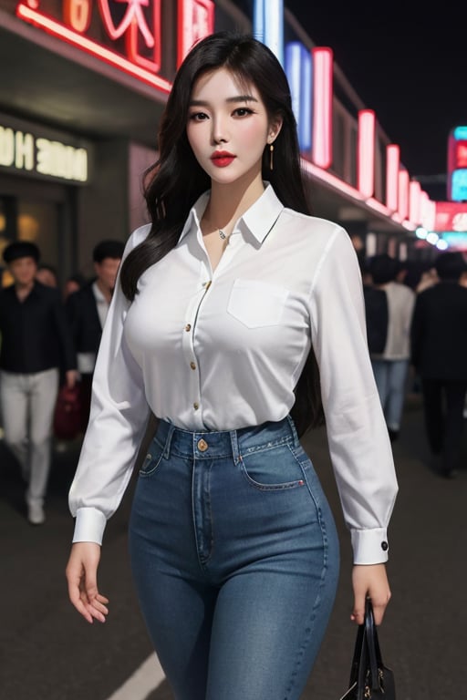 North Korean Beautiful lady, sexy white shirt and Jeans, smooth body, front look on night street with good big breast ,showing brest and weast, attraction on face, glow on face and skin sexy posses, asking for love,photorealistic,analog