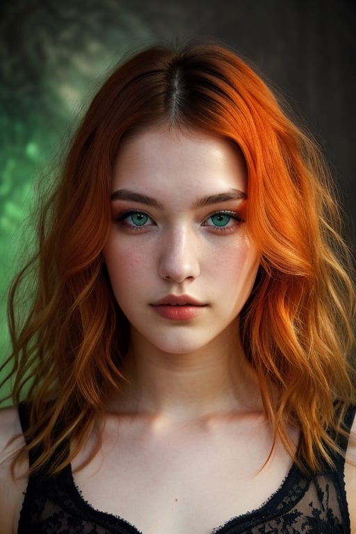 20 years old girl, orange hirsute wavy hair, green eyes, muscular ,Magical Fantasy style