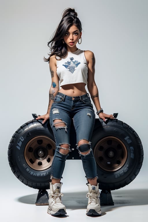 1girl, solo, full body, looking at viewer, sitting on R2 robot, black hair, tanned skin, blue_eyes, post apocalyptic outfit, tattered outfit,loose khaki pants, jewelry, earrings, tattoo, white background, white pastel  theme, 