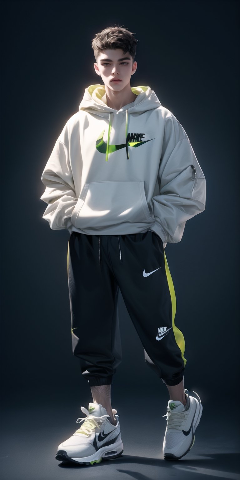 (best quality, 128k UHD, highres, masterpiece:1.2), an intriguing and mesmerizing portrait of a handsome young man, wearing a nike hoodie and a nike air jlow1, 