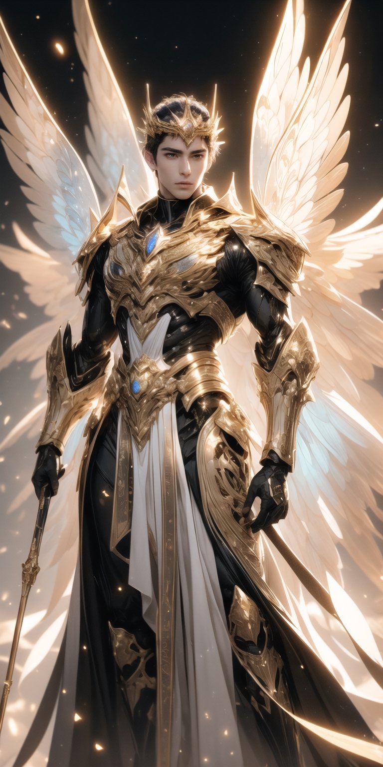 (world class quality, 128k UHD, highres, masterpiece:1.2), (Use dynamic pose), (Use dynamic camera angle view), an intriguing and mesmerizing portrait of a handsome young man from another galaxy, wearing an Egyptian king like outfit, spreading his huge wings on his back, holding an eternal flame on one hand, glittery mist, mixed with Desertpunk background ,wrenchsmechs,glowing, <your_color> mecha