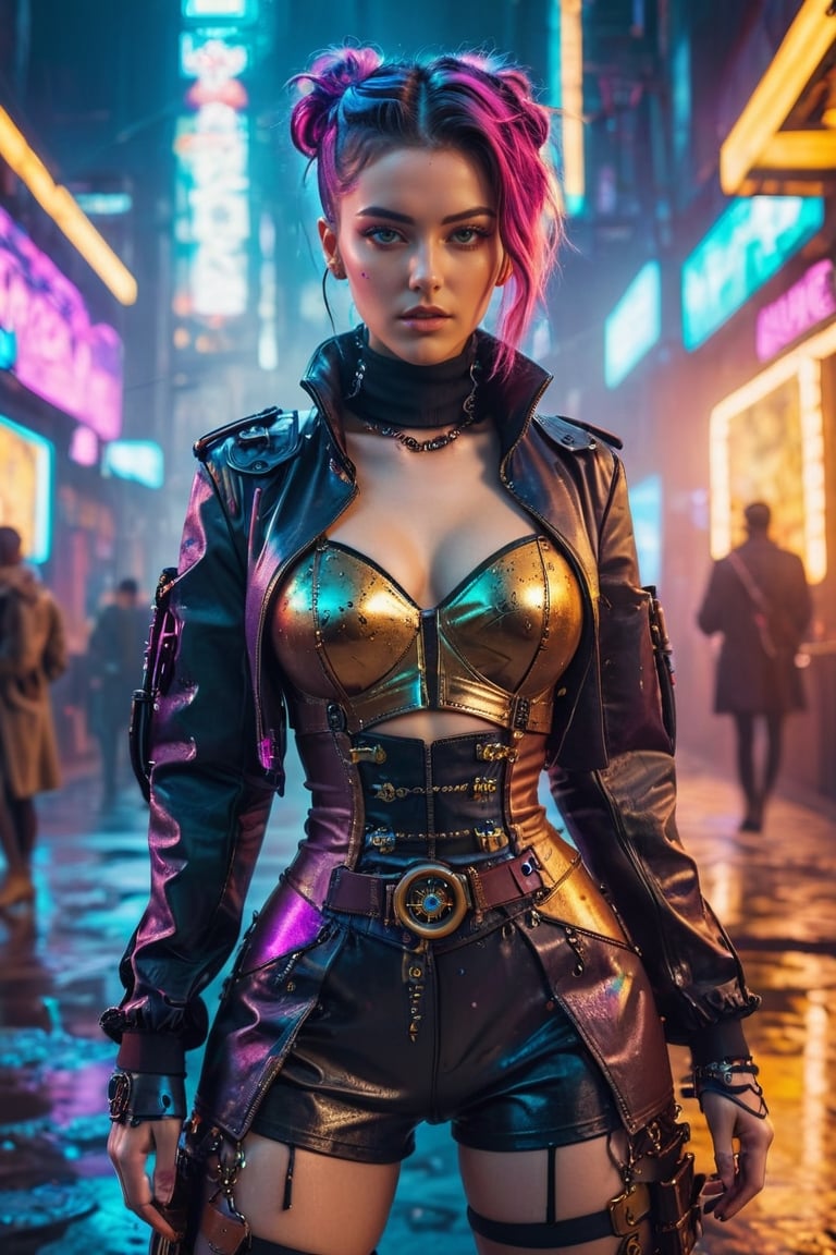 Splash art style, Beautiful woman wearing a cyberpunk x steampunk outfit, Photography (by Brandon Woelfel Photography), analog photograph, 128K UHD, Volumetric lighting, complex background, cinematic filter, dynamic angle, dynamic posing, professional fashion photoshoot, hyperrealistic, masterpiece, trending on artstation,krrrsty,colorful