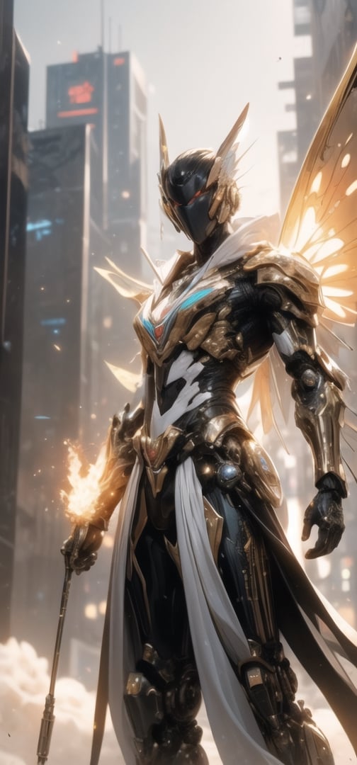 (world class quality, 128k UHD, highres, masterpiece:1.2), (Use dynamic pose), (Use dynamic camera angle view), an intriguing and mesmerizing portrait of a handsome cyberpunk young man from another galaxy, wearing cyberpunk Egyptian outfit, spreading his huge wings on his back, holding an eternal flame on one hand, glittery mist, mixed with Desertpunk background ,wrenchsmechs,glowing, <your_color> mecha