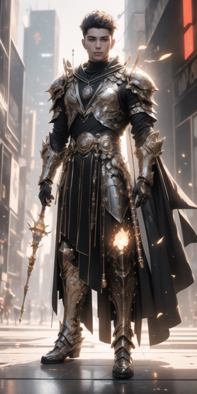 (world class quality, 128k UHD, highres, masterpiece:1.2), an intriguing and mesmerizing full body portrait of a handsome young man in a cyberpunk reality city, wearing a shinny full plated armor, holding a Wizard Staff, emanating mana, embers are everywhere, mixed with cyberpunk background ,wrenchsmechs