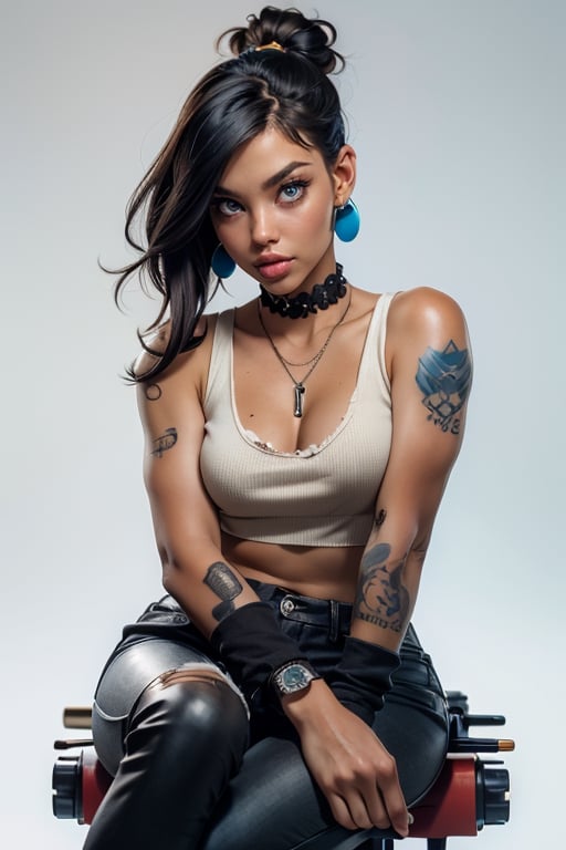 1girl, solo, looking at viewer, sitting on R2 robot, black hair, tanned skin, blue_eyes, post apocalyptic outfit, tattered outfit,loose khaki pants, jewelry, earrings, tattoo, white background, white pastel  theme, 