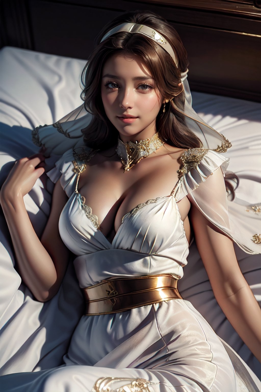 (realistic: 1.3), finely detailed, quality, lighting rembrandt, (masterpiece: 1.2), (photorealistic: 1.2), (best quality), (detailed skin: 1.3), (intricate details), dramatic, ray tracing, 1 girl, British girl, dsgwynevere, 21 years old, detailed skin texture, (blush: 0.5), (goosebumps: 0.5), subsurface scattering, smiling, large breasts, brown hair, brown eyes , neckline, headband, veil, white dress, (from above, lying, lying on back, looking at viewer, luxurious, resplendent, royal bed, royal bedroom), gwynevere,Gwyndolin