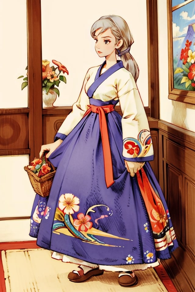 female full body, yoshida akihiko, cartoon, 
traditional clothes, floral print, ARTSTYLE_PabloRomero_ownwaifu