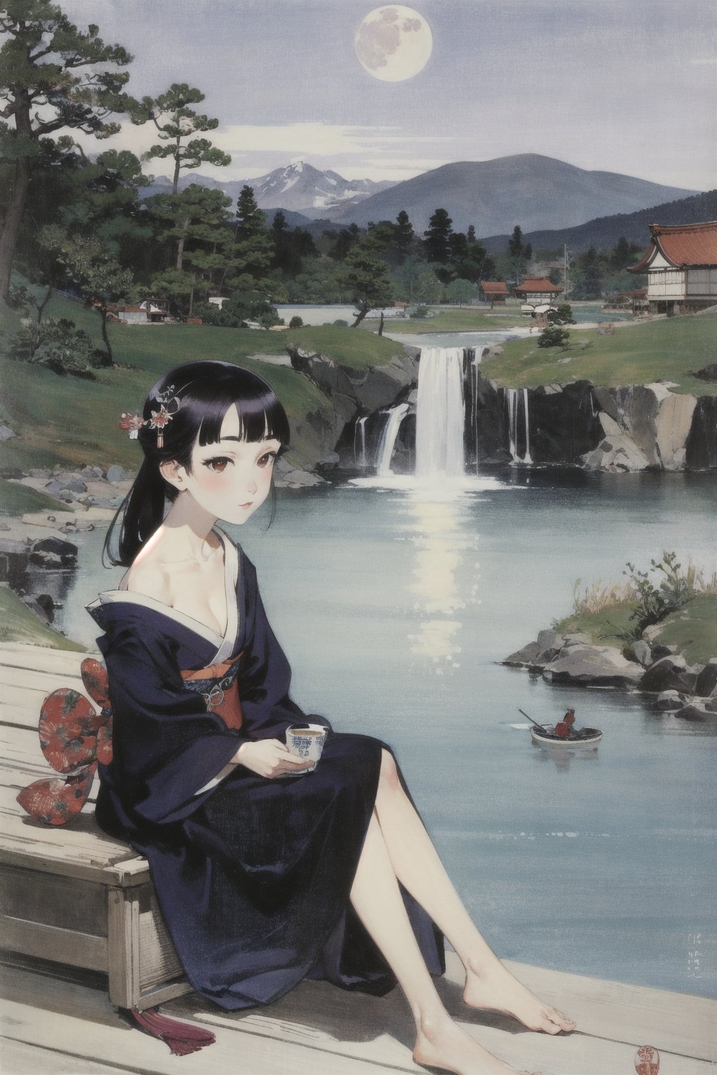 solo, 1girl, full body, sitting, lake, waterfall, mountains, night, moon, 
ohara koson, ukiyo-e, Fechin, oil painting,
high res, best quality,